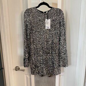 MIKUTA Dark Sequin Long Sleeve Mini Dress Open Back – Size Small  New with tags
